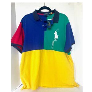Polo Ralph Lauren Big Pony Mesh Shirt Mens XXL Blue Green Colorblock Slim Fit